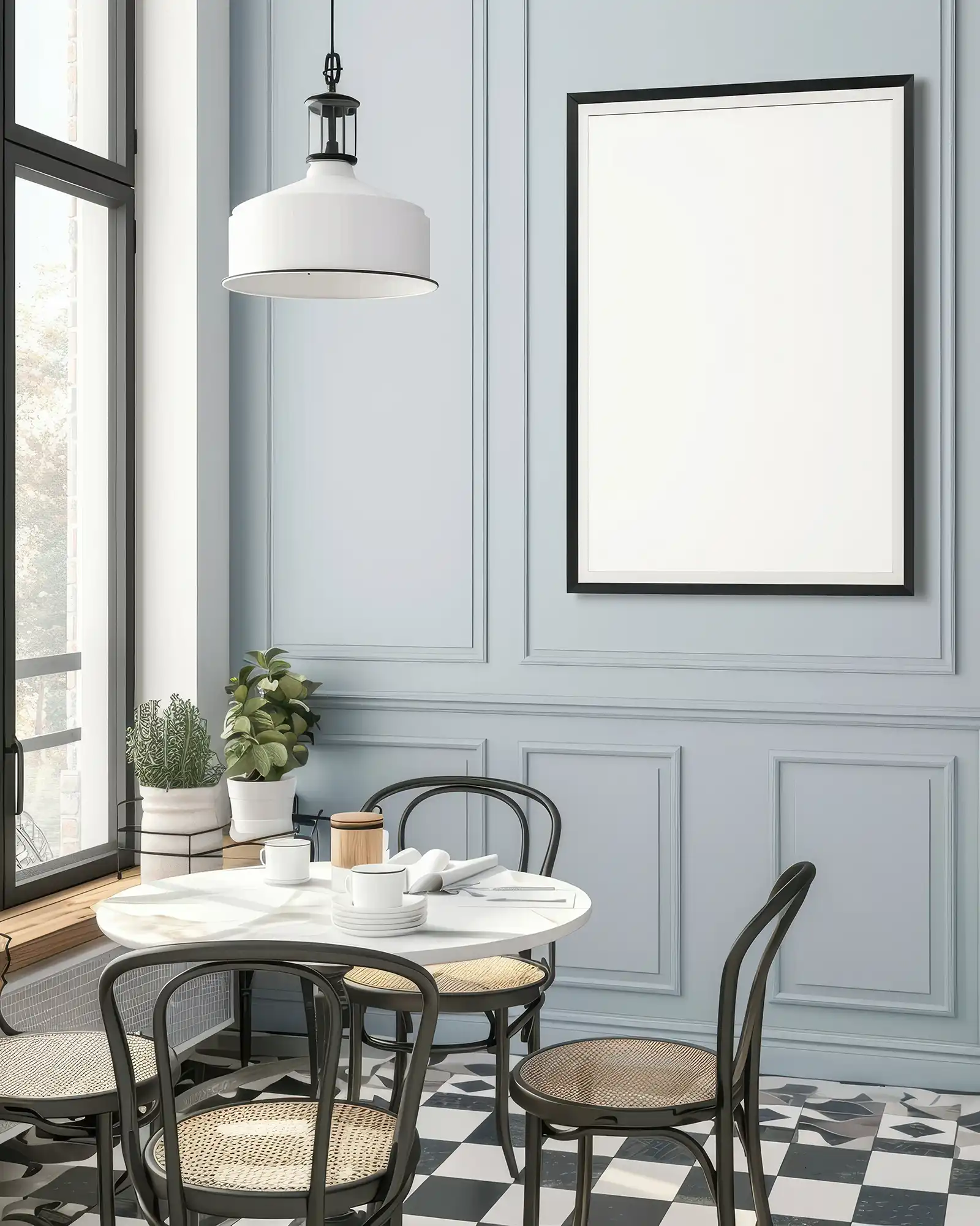 dining table with blue wall and chequered flooring